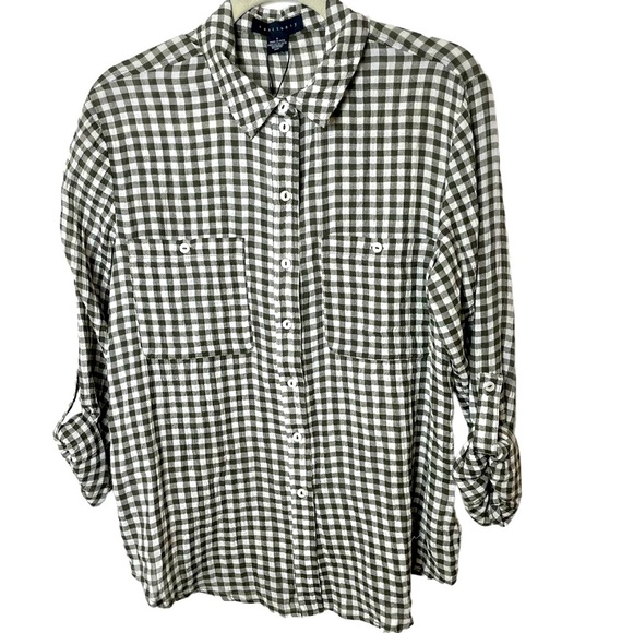 NEW With Tags Sanctuary Green Ivory Check Cotton Button Down‎ Shirt S - Picture 1 of 6